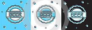 Set Bottle cap with inscription beer icon isolated on blue and white, black background. Vector