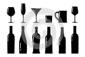Set of bottle and glasses silhouettes,beverage containers and goblets.Alcohol drink icons collection.Simple logos.Shape basis for