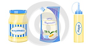 Set of bottle, jar and bag with mayonnaise