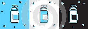 Set Bottle of liquid antibacterial soap with dispenser icon isolated on blue and white, black background. Antiseptic