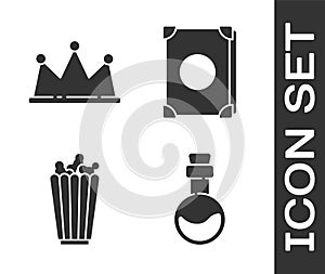 Set Bottle with love potion, Crown, Popcorn in box and Ancient magic book icon. Vector.