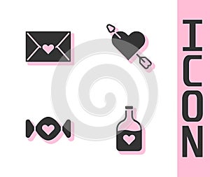 Set Bottle with love potion, Envelope Valentine heart, Candy and Amour arrow icon. Vector