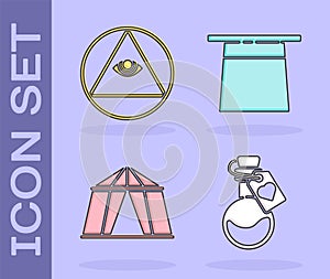 Set Bottle with love potion, Masons, Circus tent and Magician hat icon. Vector