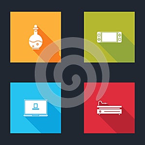 Set Bottle with magic elixir, Portable video game console, Laptop and Video icon. Vector