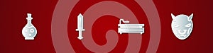 Set Bottle with magic elixir, Sword for game, Video console and Mask of the devil horns icon. Vector