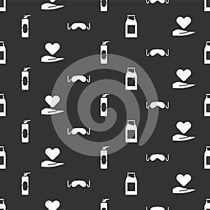 Set Bottle with milk, Heart on hand, Spray can for hairspray and Eye sleep mask on seamless pattern. Vector