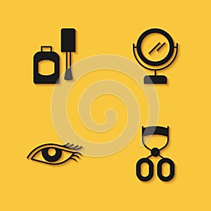 Set Bottle of nail polish, Eyelash curler, Woman eye and Round makeup mirror icon with long shadow. Vector