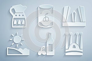 Set Bottle of olive oil, Gate Europe, Beach, Sagrada Familia, Olives in can and Sangria pitcher icon. Vector
