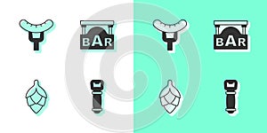 Set Bottle opener, Sausage on the fork, Hop and Street signboard with Bar icon. Vector