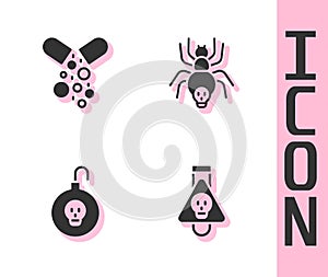 Set Bottle with potion, Poisoned pill, Nuclear bomb and Poisonous spider icon. Vector