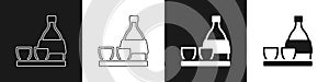 Set Bottle of sake, small cup of sake icon isolated on black and white background. Vector