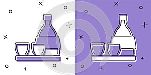 Set Bottle of sake, small cup of sake icon isolated on white and purple background. Vector