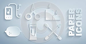 Set Bottle of shampoo, Burning candle, Lemon, Cotton swab for ears, Scissors and Music player icon. Vector