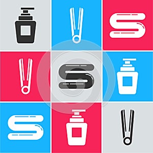 Set Bottle of shampoo, Curling iron for hair and Towel icon. Vector