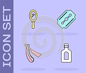 Set Bottle of shampoo, Hand mirror, Straight razor and Blade icon. Vector