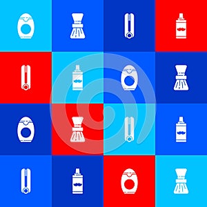 Set Bottle of shampoo, Shaving brush, Curling iron for hair and gel foam icon. Vector