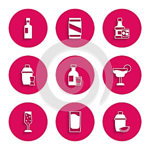 Set Bottle of vodka with glass, Shot, Cocktail shaker lime, Glass champagne, Whiskey bottle and and Wine icon. Vector