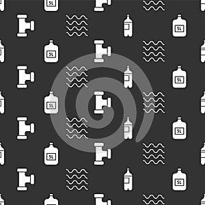 Set Bottle of water, Big bottle with clean water, Industry metallic pipe and Wave on seamless pattern. Vector