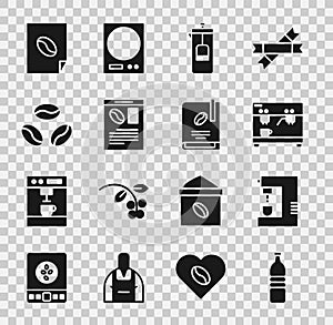 Set Bottle of water, Coffee machine, French press, Newspaper and coffee, beans, poster and book icon. Vector