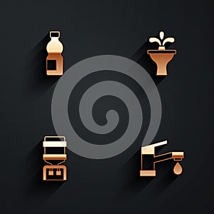 Set Bottle of water, Fountain, Water cooler and tap icon with long shadow. Vector