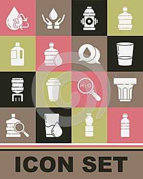 Set Bottle of water, Glass with, Fire hydrant, Big bottle clean, Recycle aqua and Water drop speech bubbles icon. Vector