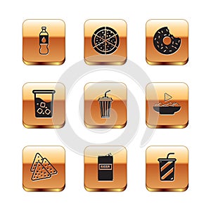 Set Bottle of water, Nachos, Beer can, Glass with, Donut, and Pizza icon. Vector