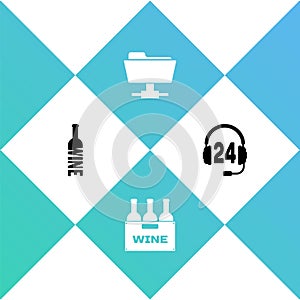Set Bottle of wine, Bottles box, FTP folder and Headphone for support icon. Vector