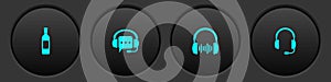 Set Bottle of wine, Headphones with speech bubble, and sound waves and microphone icon. Vector