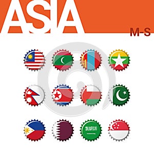 Set of 12 bottlecap flags of Asia M-S. Set 3 of 4.