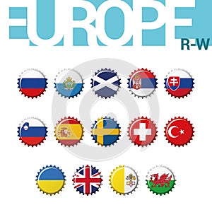 Set of 14 bottlecap flags of Europe R-W. Set 4 of 4.