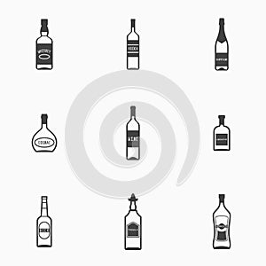 Set of bottles with alcohol drinks monochrome icons. Vector illustration.