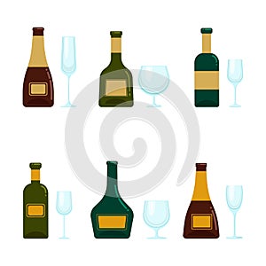A set of bottles with alcohol and various glasses. Vector objects in flat style, isolated. Alcoholic drinks and crystal