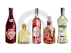 A SET OF BOTTLES WITH ALCOHOLIC DRINKS. ISOLATED ON WHITE. HAND-PAINTED WATERCOLOR ILLUSTRATION.