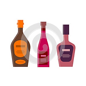 Set bottles of brandy, red wine, liquor. Great design for any purposes. Icon bottle with cap and label. Flat style. Color form.