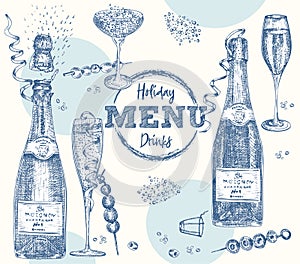Set bottles Champagne, wine, wine glass, cocktail Vintage hand drawn sketch design bar, restaurant, cafe menu Realistic