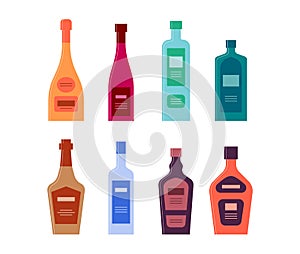 Set bottles of champagne wine schnapps gin whiskey vodka liquor cream. Icon bottle with cap and label. Graphic design for any