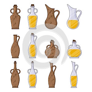 Set of bottles and clay jugs with olive oil in cartoon style. Vector illustration for design, web and decor