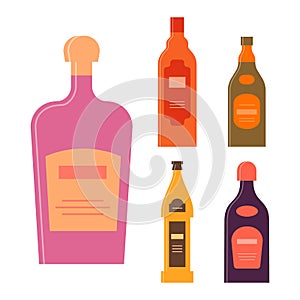 Set bottles of cream balsam brandy beer liquor. Icon bottle with cap and label. Graphic design for any purposes. Flat style. Color
