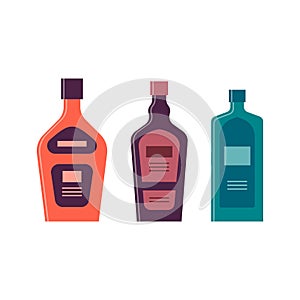 Set bottles of cream liquor gin. Icon bottle with cap and label. Great design for any purposes. Flat style. Color form. Party