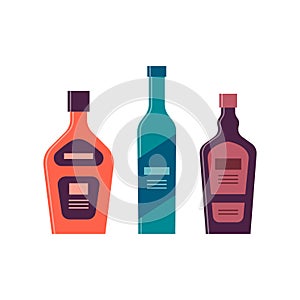 Set bottles of cream, vodka, liquor. Great design for any purposes. Icon bottle with cap and label. Flat style. Color form. Party