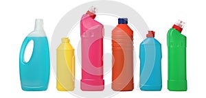 Set of bottles with detergent isolated on background