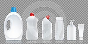 Set bottles with detergent, soap, washing powder, cream