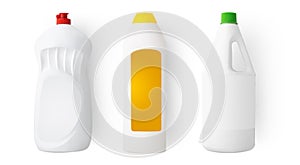 A set of bottles of detergents for washing. Blank plastic bottle for laundry detergent, isolated on white