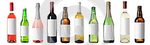 Set with bottles of different alcohol drinks on white background. Banner design