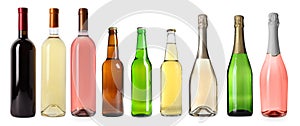 Set with bottles of different alcohol drinks on white background. Banner design