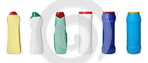 Set with bottles of different cleaning products on white background, banner design. Household chemicals