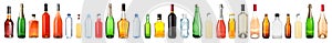 Set of bottles with different drinks on background. Banner design