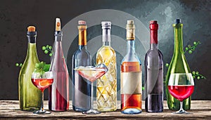 Set of bottles with different drinks. Row of bottles of red wine, white wine, liquors and other beverages