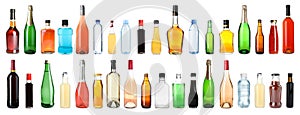 Set of bottles with different liquids on background. Banner design