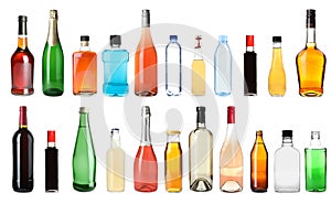 Set of bottles with different liquids on background. Banner design